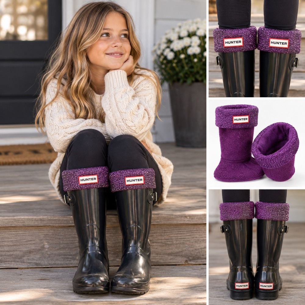 Hunter Violet Glitter Cuff Kids Boot Socks Sparkly Fleece Liners | Size XL NWT